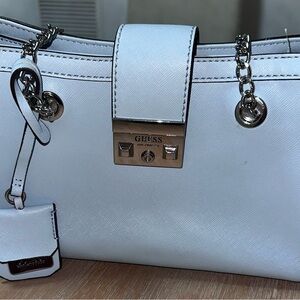 GUESS White Chain-Handle Saffiano Tote with Silver Hardware